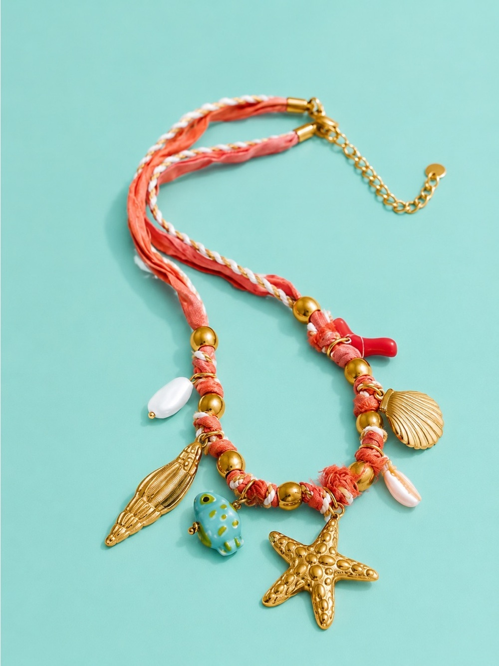 Coral Ribbon Gold Starfish Charm Necklace
